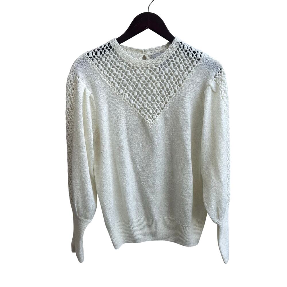 Vintage Cream Crochet Knit Sweater Lattice V Panel Size Womens Large
